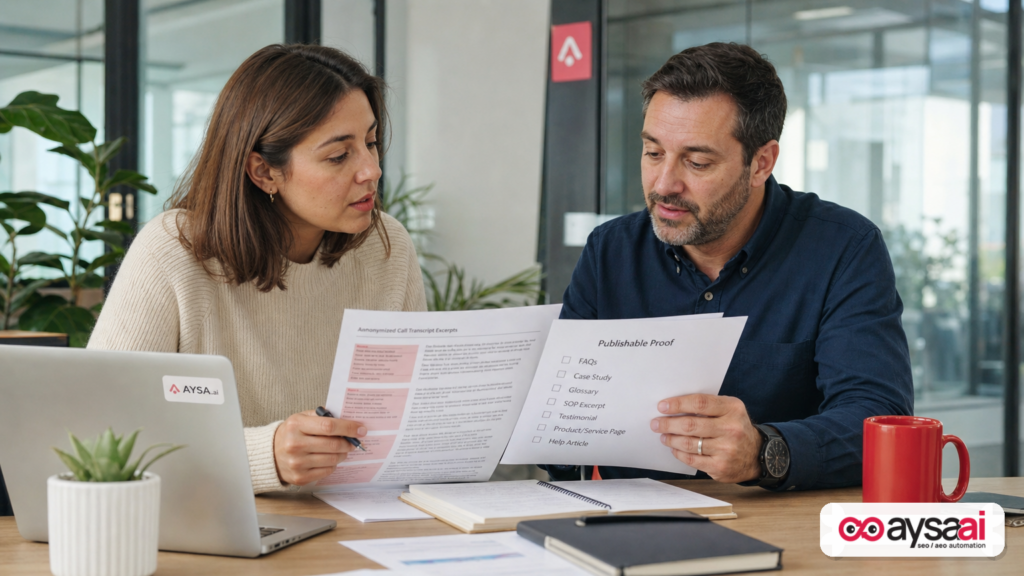 A support lead and marketer review anonymized transcripts to turn customer questions into publishable content assets.