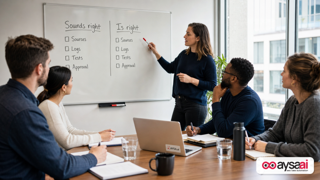 A team compares what sounds correct versus what is correct, using a simple verification checklist.