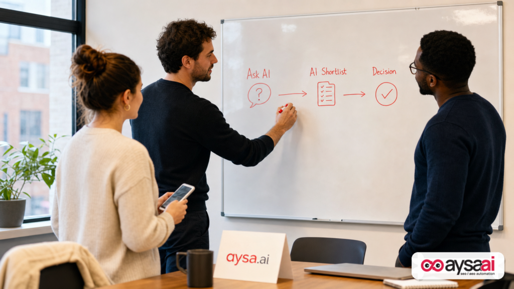 A team mapping an AI-driven customer decision journey on a whiteboard.