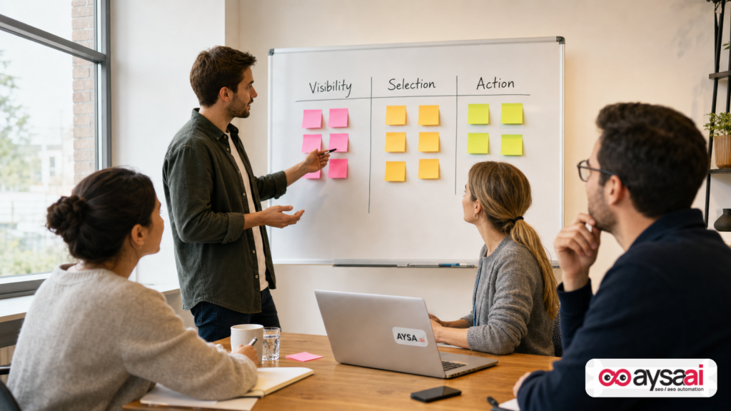 A team planning an AI-era marketing funnel with columns for visibility, selection, and action.