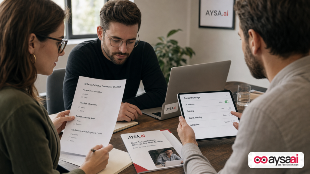 A team reviews an AI content governance checklist with allow or deny options for AI features.