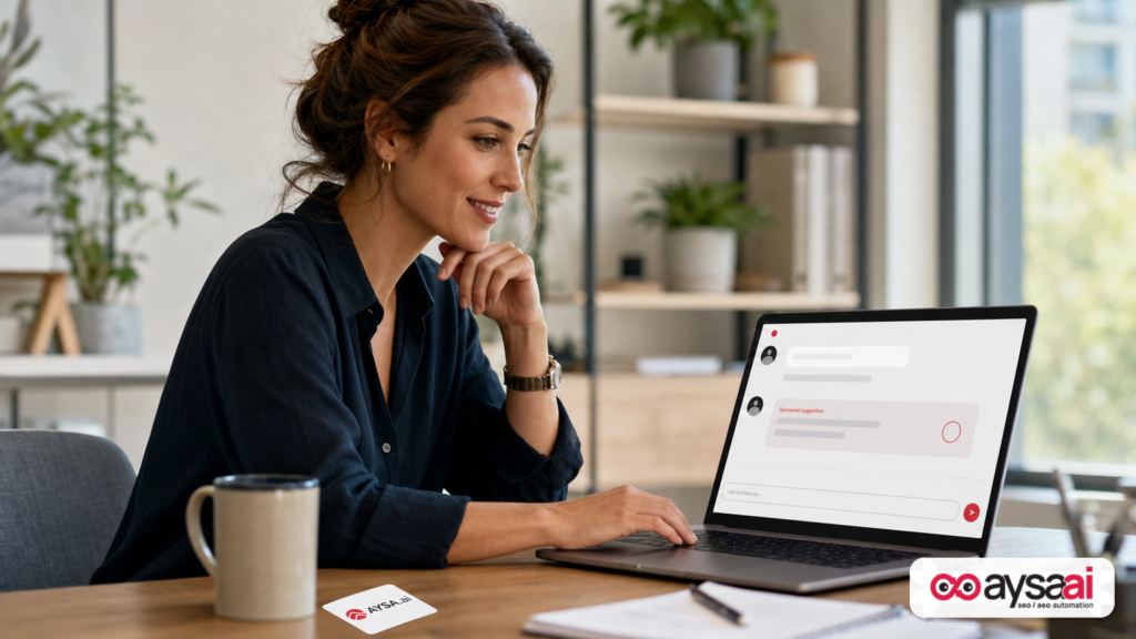 A user reviewing a clearly labeled sponsored recommendation inside a chat-style assistant interface.