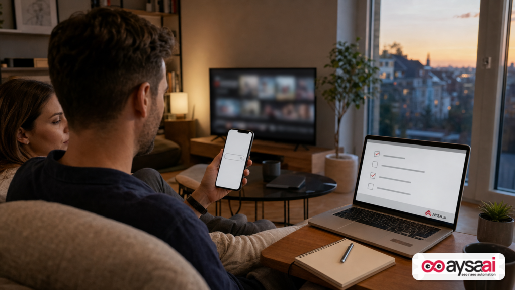 A viewer searches on a smartphone moments after seeing a TV ad, illustrating TV-to-search behavior.