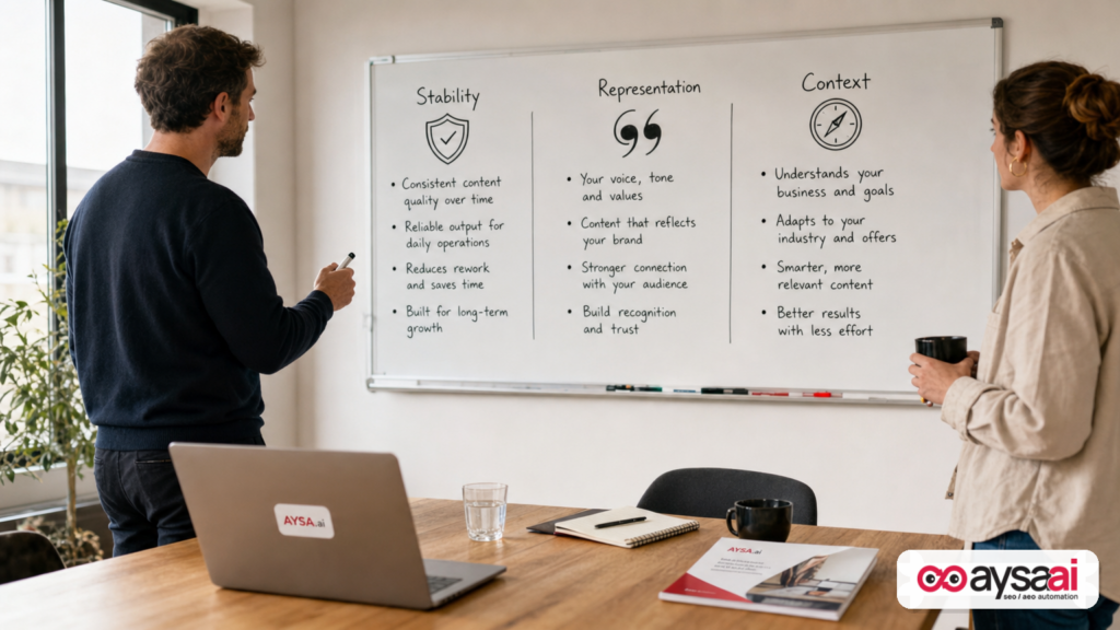 A whiteboard showing the Stability, Representation, and Context framework for AI visibility measurement.