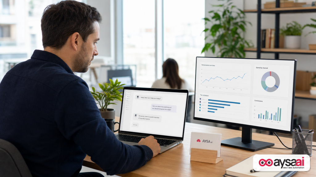 Ad ops specialist using a chat-style assistant to analyze advertising performance.