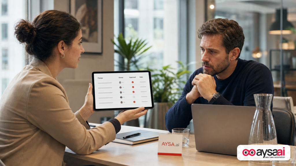 Agency and business owner reviewing an approval-based change log for advertising settings.