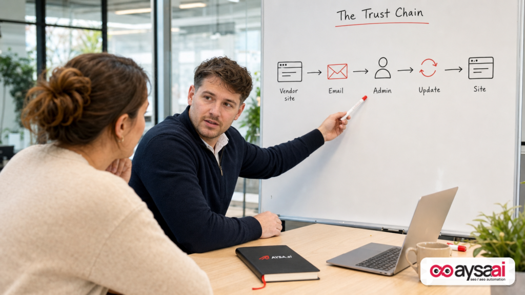 Agency consultant showing a trust-chain diagram of how plugin update phishing spreads.