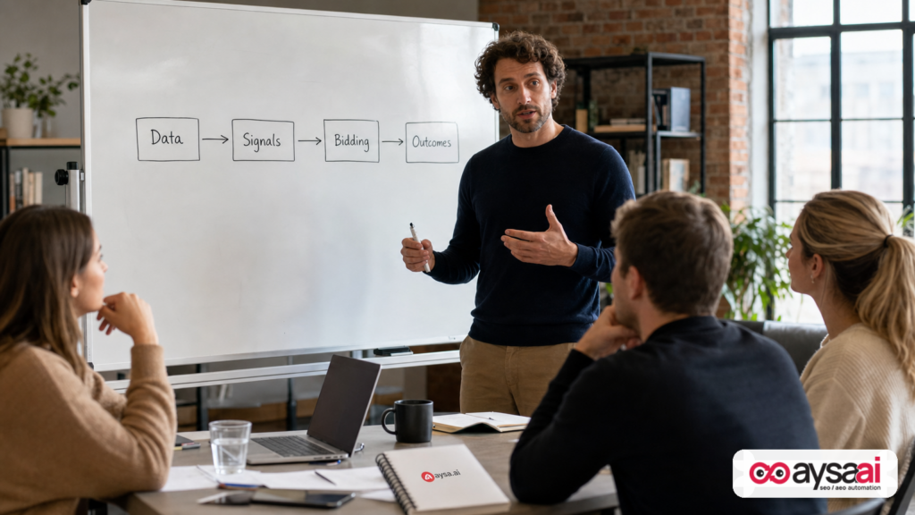 Agency strategist explaining how data signals flow into automated bidding outcomes
