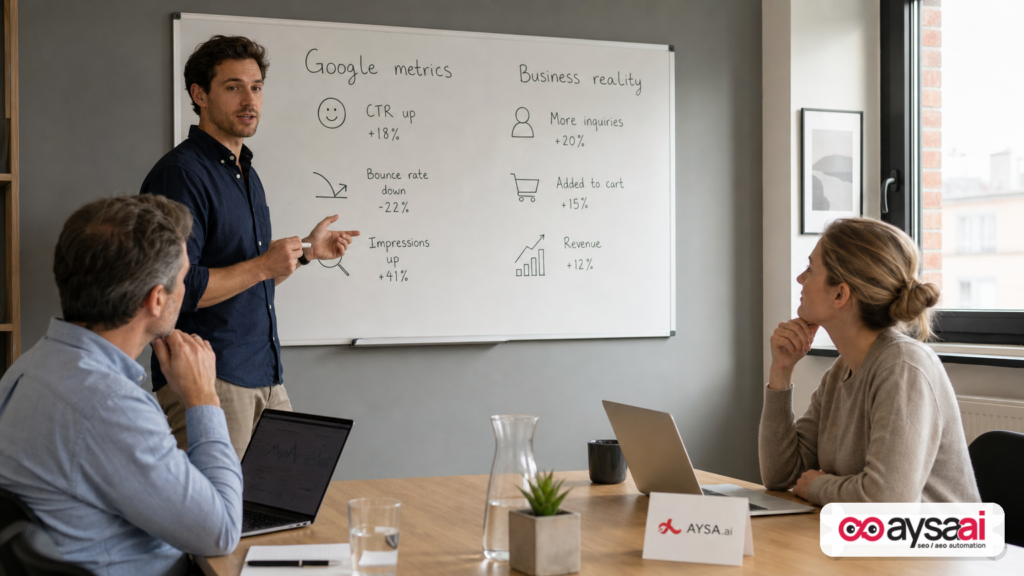 Agency strategist explaining the gap between Google satisfaction metrics and business revenue outcomes in an AI search world.