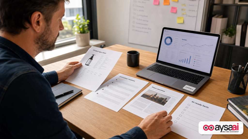 An ecommerce manager assembling product facts, reviews, and mentions as evidence for AI recommendation readiness.