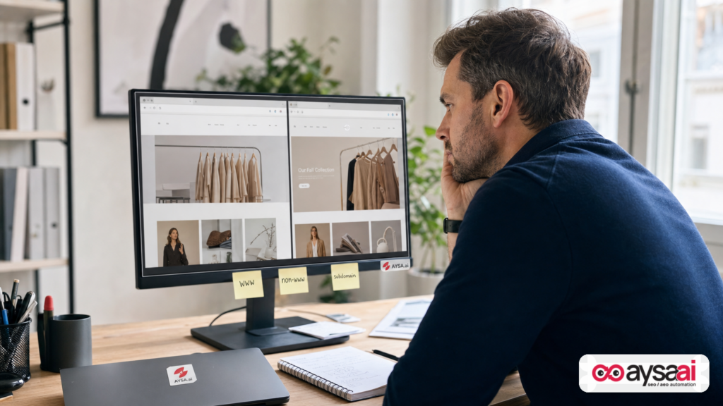 An ecommerce manager comparing two versions of a website during a domain migration and noticing a forgotten variant still loads.