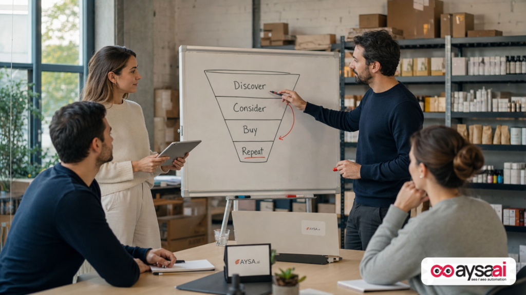 An ecommerce team reviews a full-funnel plan from discovery to purchase.