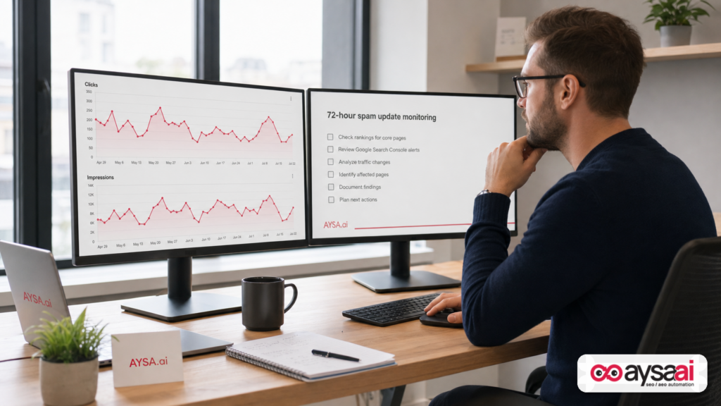 Analyst monitoring organic traffic and a 72-hour checklist after a Google spam update.