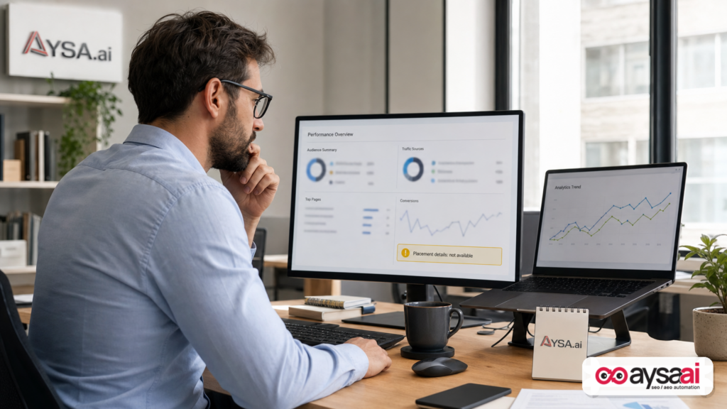 Analyst reviewing a generic ad performance report with missing placement details highlighted.