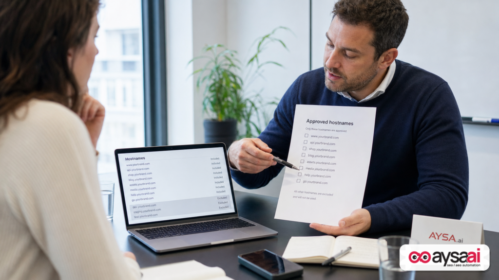 Analyst reviewing an approved hostname checklist to keep analytics data clean.