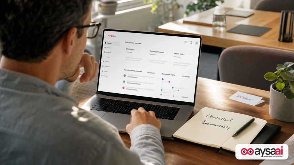 Analyst reviewing generic commerce analytics and writing notes about attribution and incrementality.