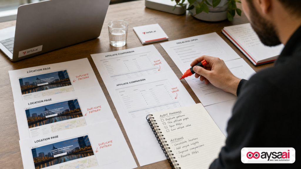 Annotated printed web page templates showing repeated patterns that can resemble search spam.