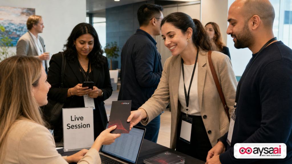 Attendees checking in at a live search education event with materials and laptops