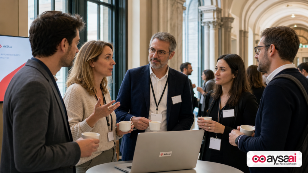 Attendees networking at a European search community event, discussing measurement and AI search changes.