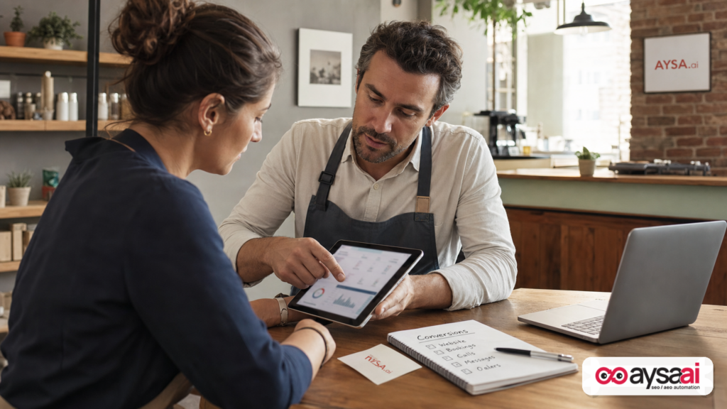 Business owner and analyst reviewing conversion tracking notes and a performance report.