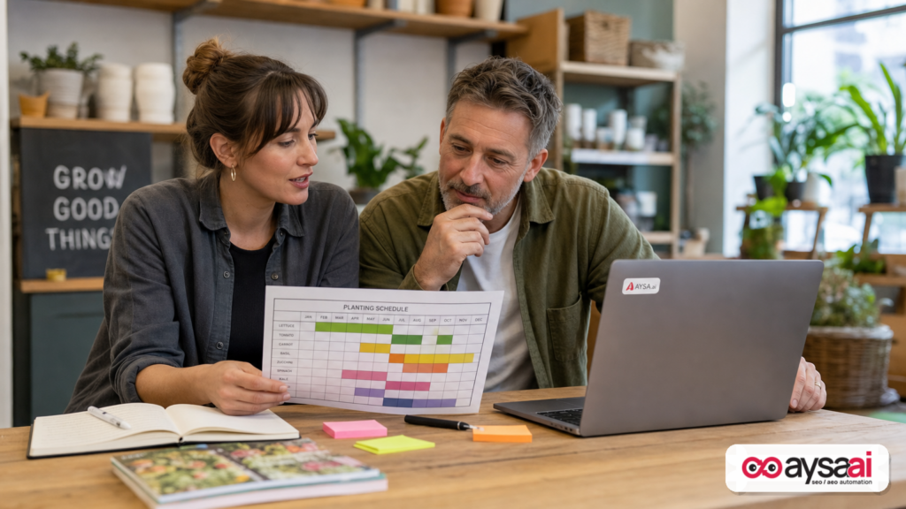Business owner and marketer reviewing a calendar-style garden plan created with AI assistance.