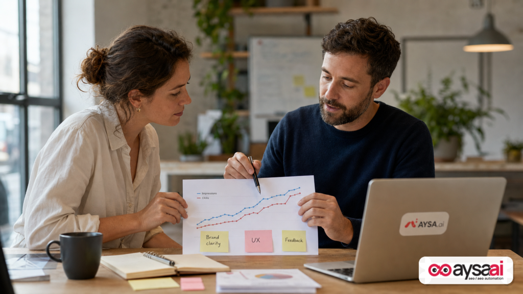 Business owner and marketer reviewing a simple impressions and clicks trend printout with notes about brand clarity and user experience.
