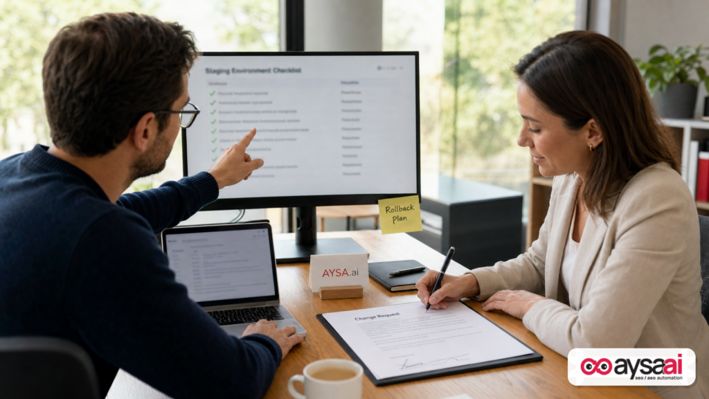 Business owner approving a staging checklist and rollback plan for website changes.