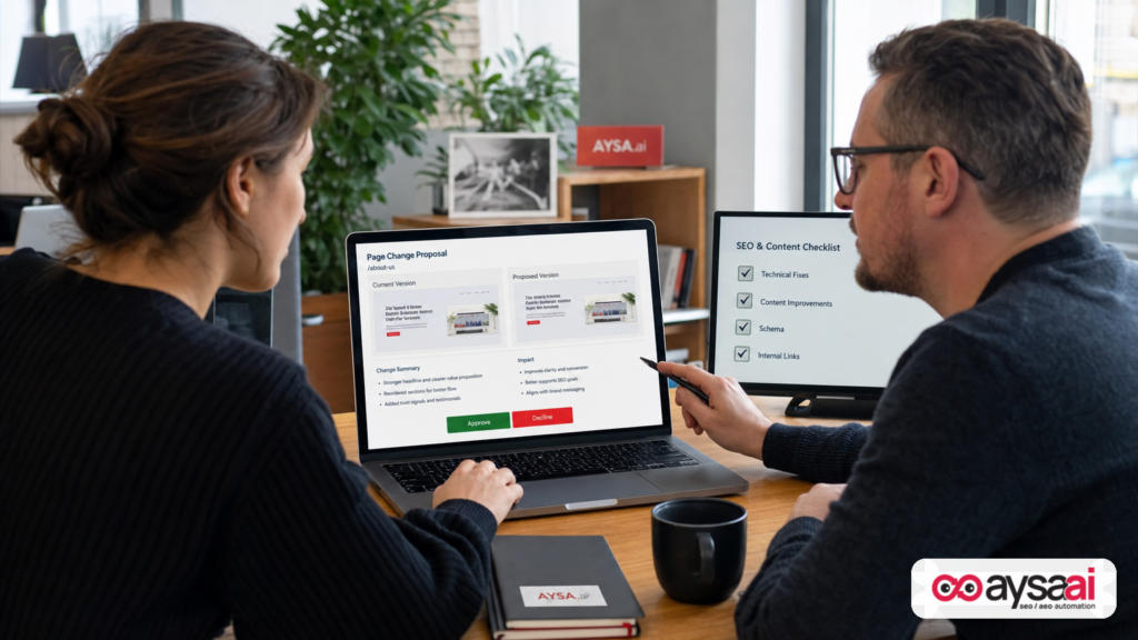 Business owner approving website SEO changes on a laptop during a planning session