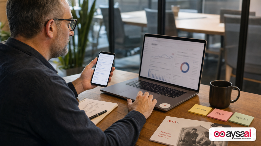 Business owner comparing AI-style answers and local search results while planning review strategy.