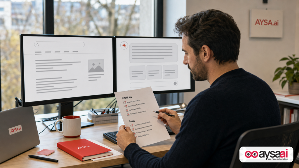 Business owner comparing classic search results with AI answer layouts on screens.