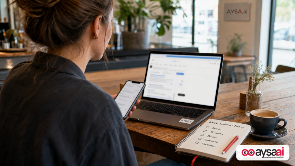 Business owner comparing discovery across phone and laptop, representing search and AI answer surfaces.