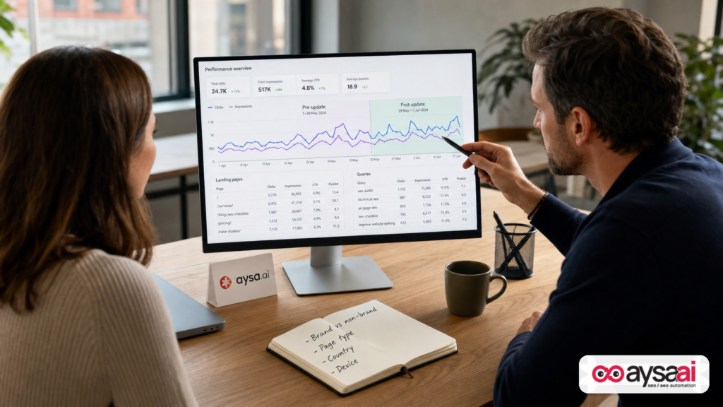Business owner comparing pre- and post-update traffic segments on a monitor with notes for brand vs non-brand and page types.