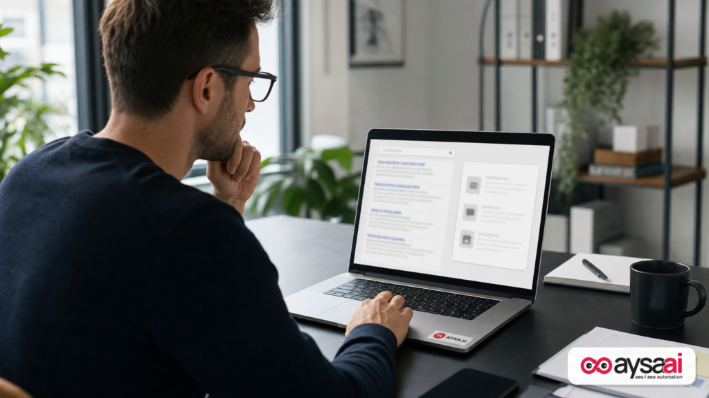 Business owner comparing traditional local search results to a shorter AI recommendation list on a laptop.