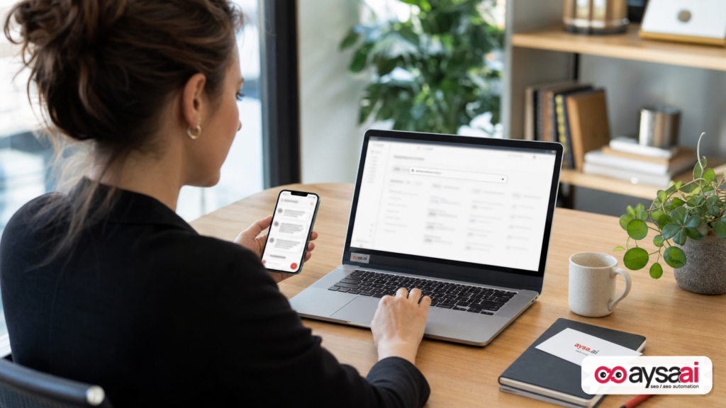 Business owner comparing traditional search and AI chat results while planning marketing actions.