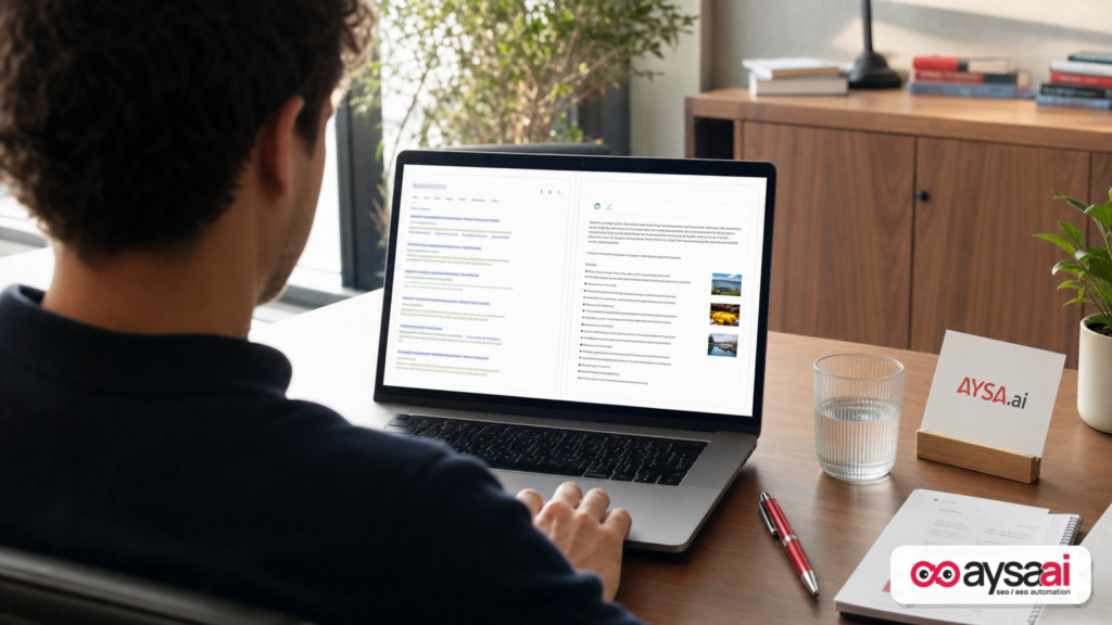 Business owner comparing traditional search results with an AI-style answer panel that cites sources.