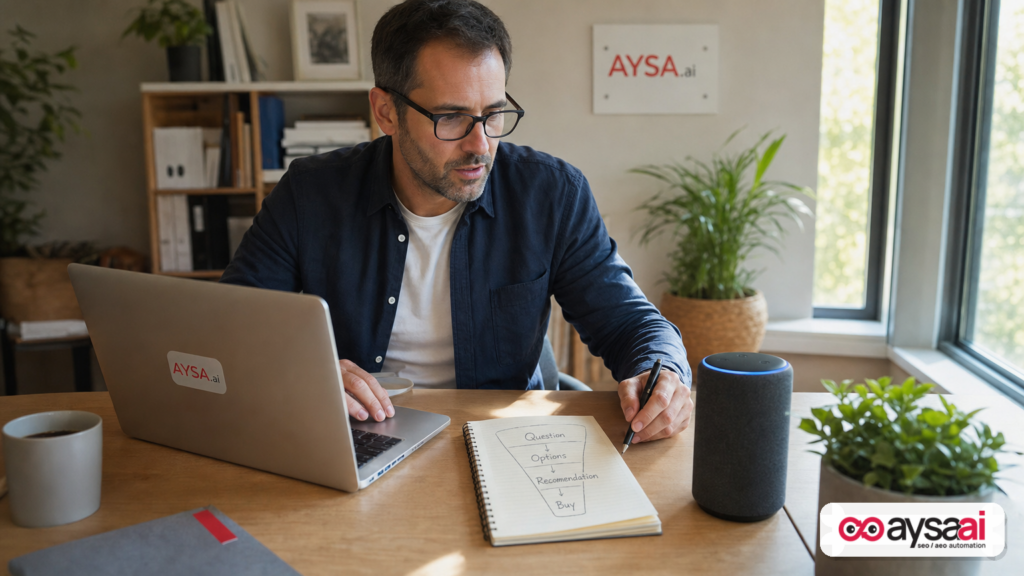 Business owner mapping a conversation-to-purchase journey on a notepad while working on a laptop.