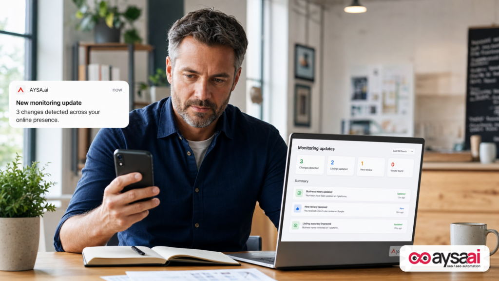Business owner reviewing an AI monitoring update on phone and laptop.