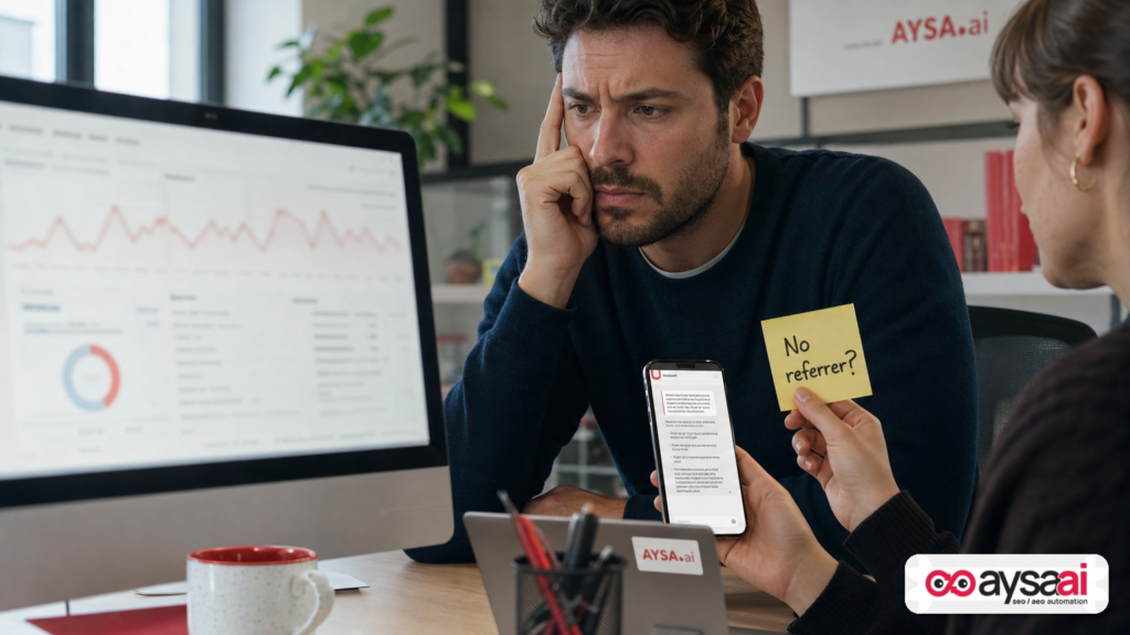 Business owner reviewing analytics while questioning missing referrers from AI assistant answers.