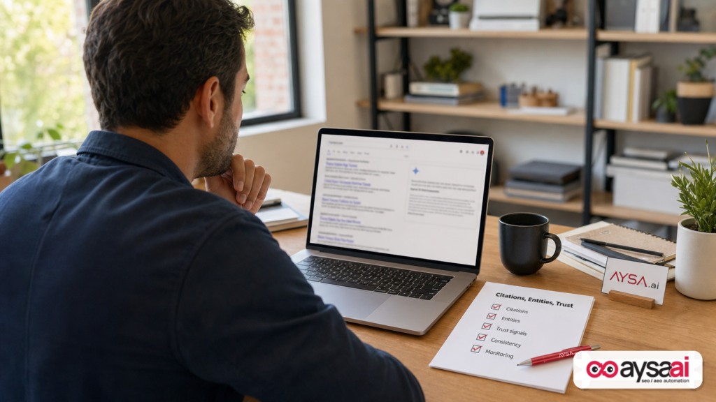 Business owner reviewing search results and a checklist for citations, entities, and trust.