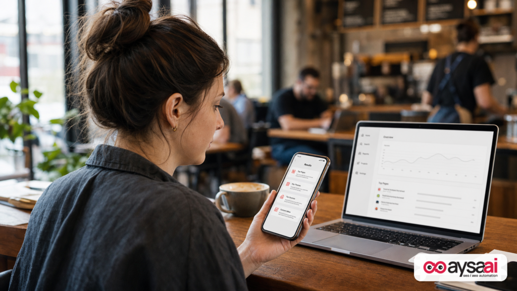 Business owner using a phone in a distracting environment, suggesting why mobile clicks may drop.