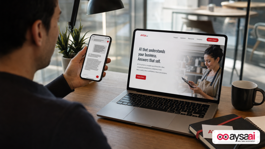 Business owner viewing a long AI-style query on a phone and a landing page with a prominent call to action on a laptop.