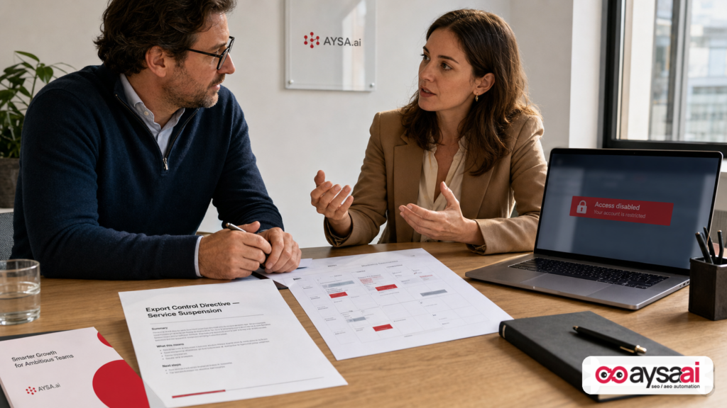 Business team reviewing a generic export-control directive memo and marketing calendar after an AI service suspension.