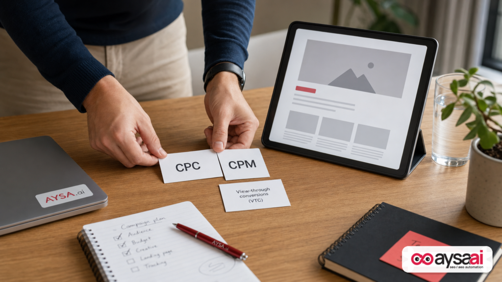 Cards comparing CPC and CPM next to a tablet as billing shifts for view-through conversion optimization.