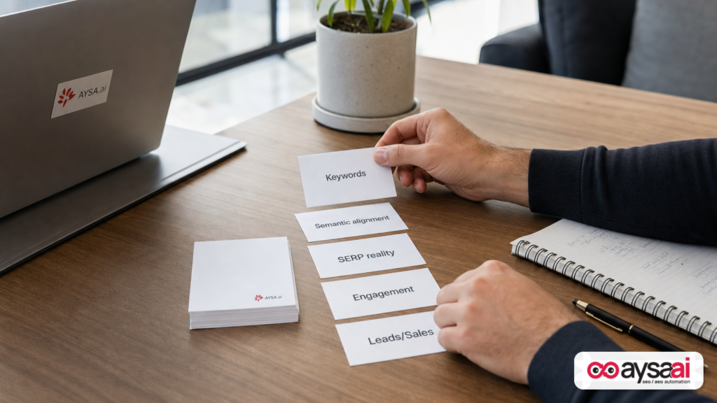 Cards representing a layered measurement stack: keywords, semantic alignment, SERP reality, engagement, and revenue.