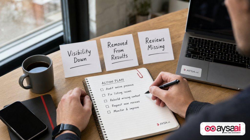 Cards representing search visibility loss, removal from results, and missing reviews with a small business checklist.