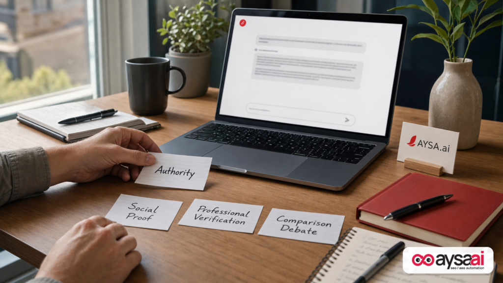 Cards showing different roles a source can play in AI search answers—authority, social proof, verification, and comparison debate.