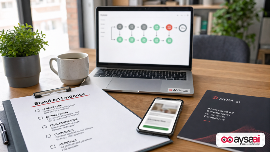 Checklist and devices laid out to document branded ad violations with timestamps and redirects.