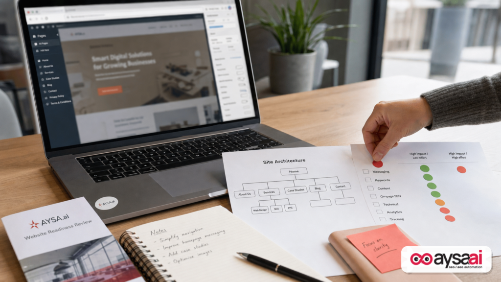 Checklist and site notes used to prioritize AI search readiness improvements by effort and impact.