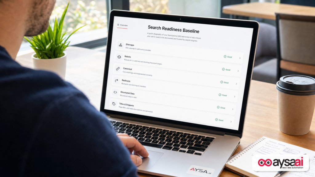 Checklist for SEO technical baseline on a laptop in a small business workspace.