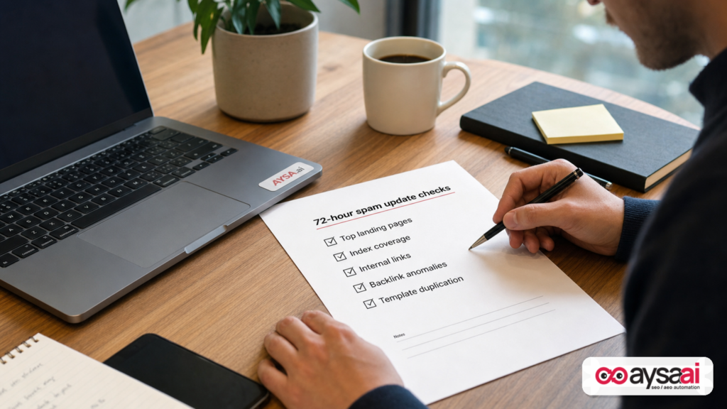 Checklist for the first 72 hours after a Google spam update with a laptop on a desk.